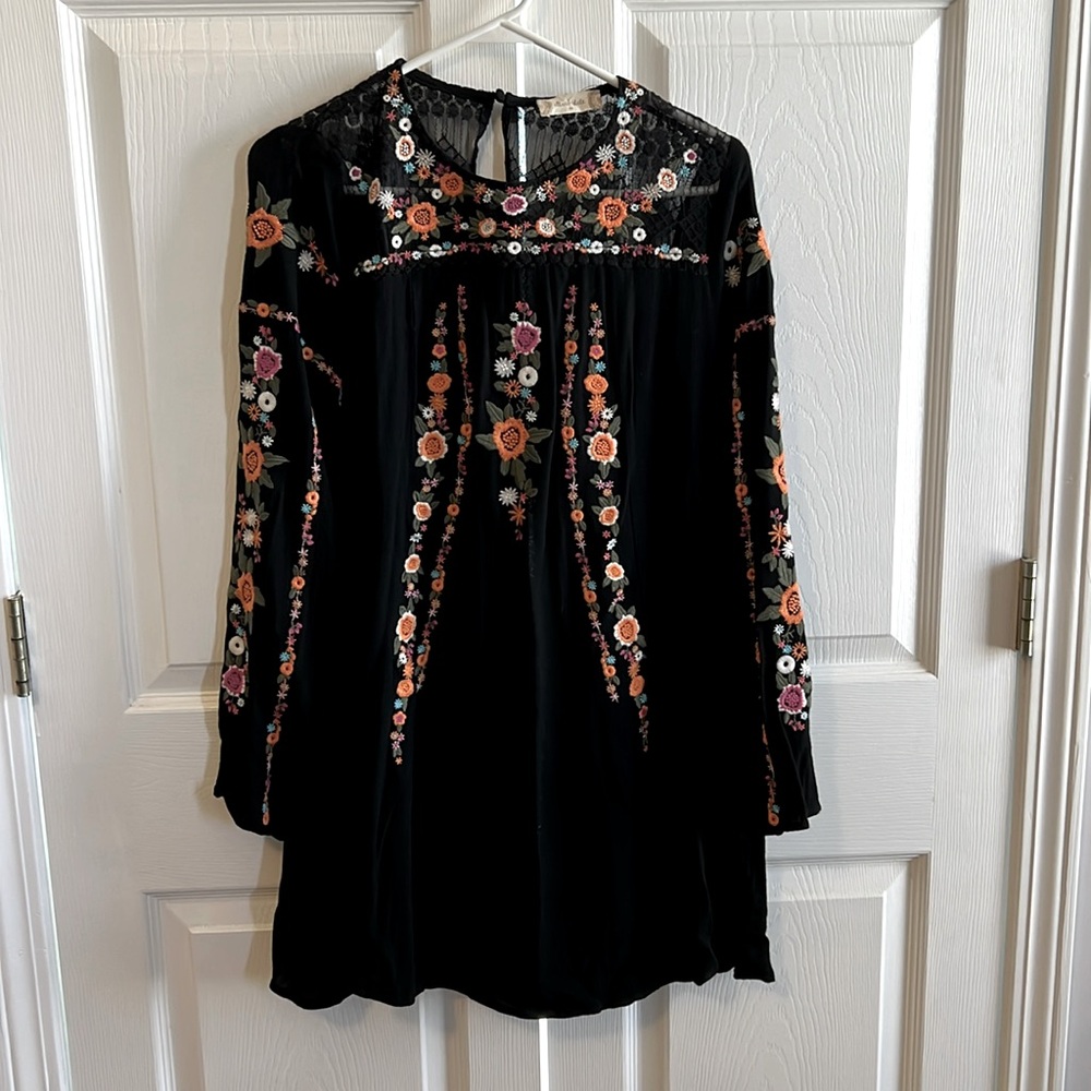 Altar’d State Black Long Sleeved Dress with Flower Stitching